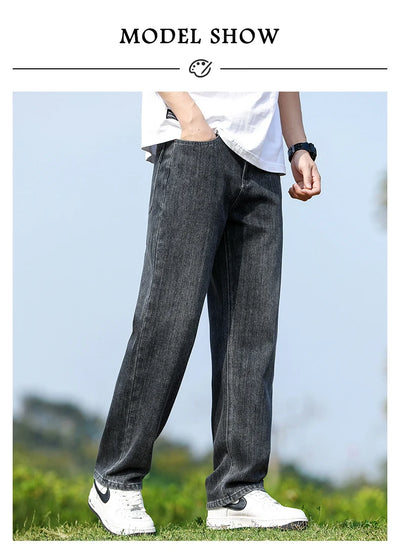 Men's Straight-Leg Jeans, Minimalist for All Seasons, Loose with Drape, Narrow-Wide Leg, Retro Casual Long Pants, Sizes 28-38