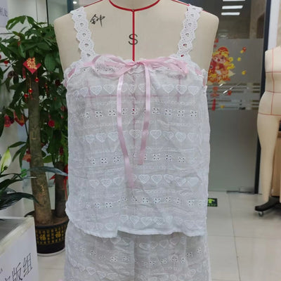 Elegant Women Embroidery Pajamas Set 2 Pieces Loungewear Suits Lace Drawstring Sleeveless Cami Tops and Shorts Sleepwear Outfits