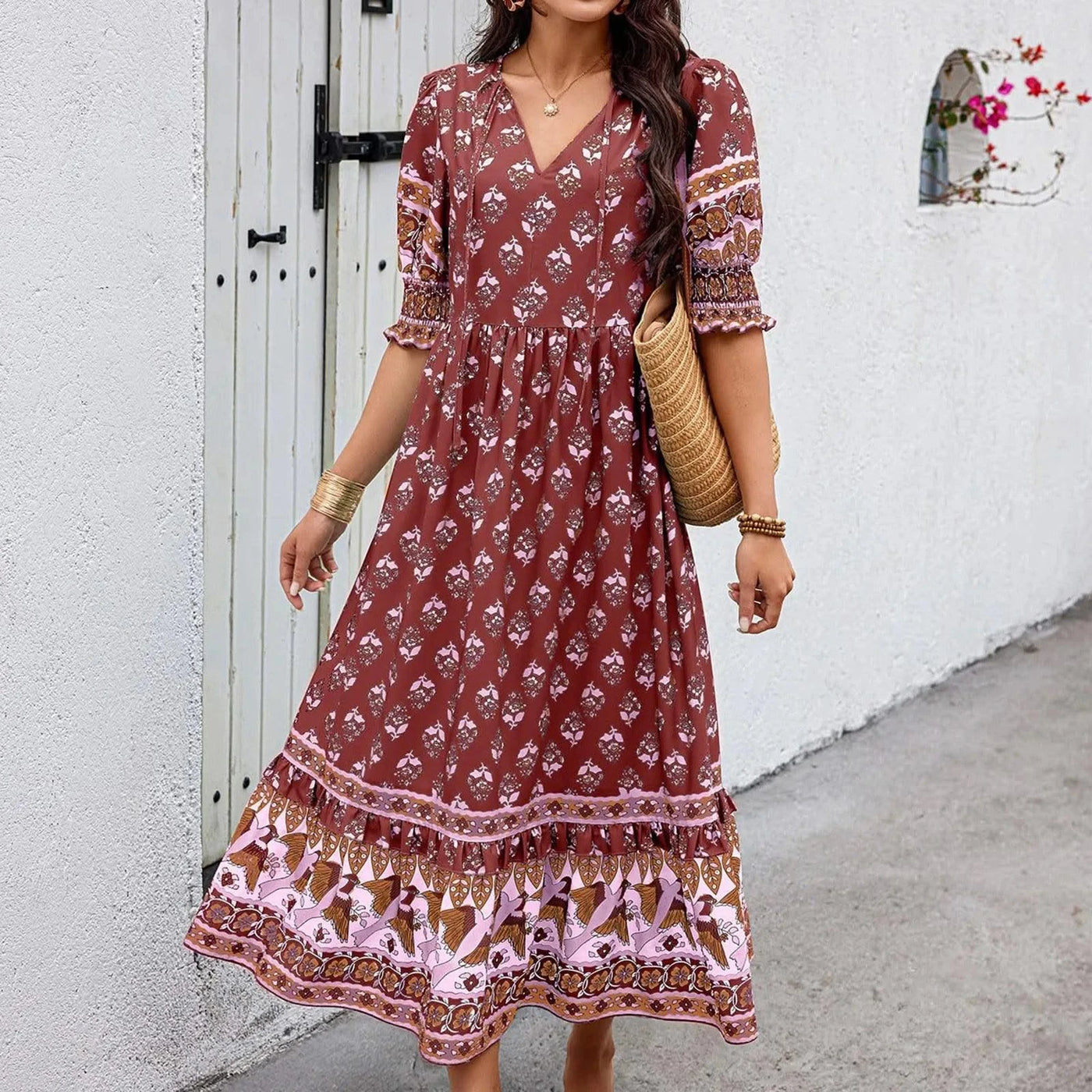 dresses for women Fashion summer Casual long dresses Bohemian V-Neck Printed High Waisted Big Swing Dress vestidos cortos