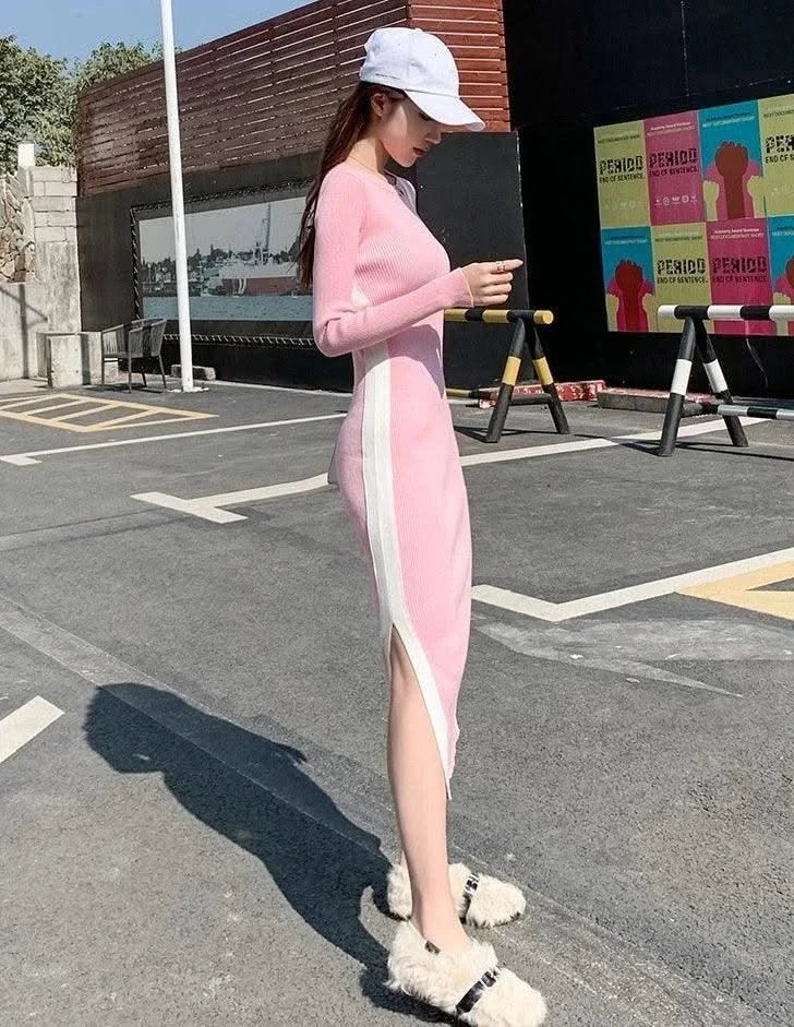 Pink Woman Dress Black Bodycon Maxi Knitted Robe Long Dresses for Women Evening Crochet Round Neck Clothes Sensual Sexy Hot Y2k