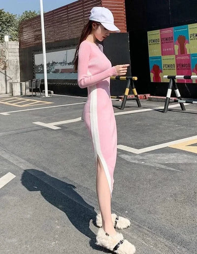 Pink Woman Dress Black Bodycon Maxi Knitted Robe Long Dresses for Women Evening Crochet Round Neck Clothes Sensual Sexy Hot Y2k