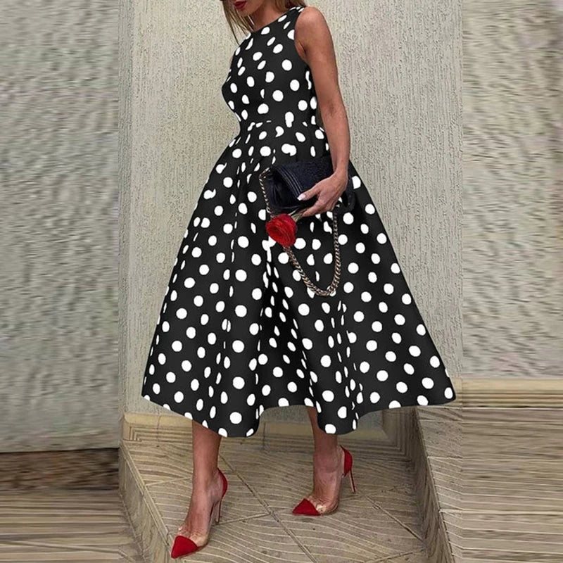 New Summer Party Dress Women 2024 Bohemian Point Dot Printed Dress Elegant Sexy Sleeveless Pleated Casual Beach Vestidos