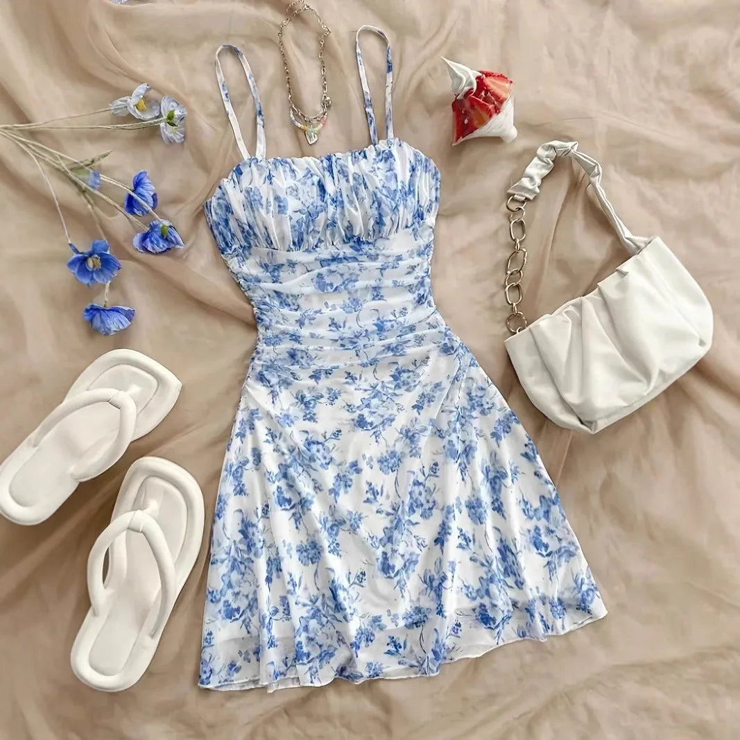 Women's Summer Elegant Floral Mini Dresses Fashion Fold High Waist Slim A-Line Dress Lady Sexy Backless Spaghetti Strap Sundress