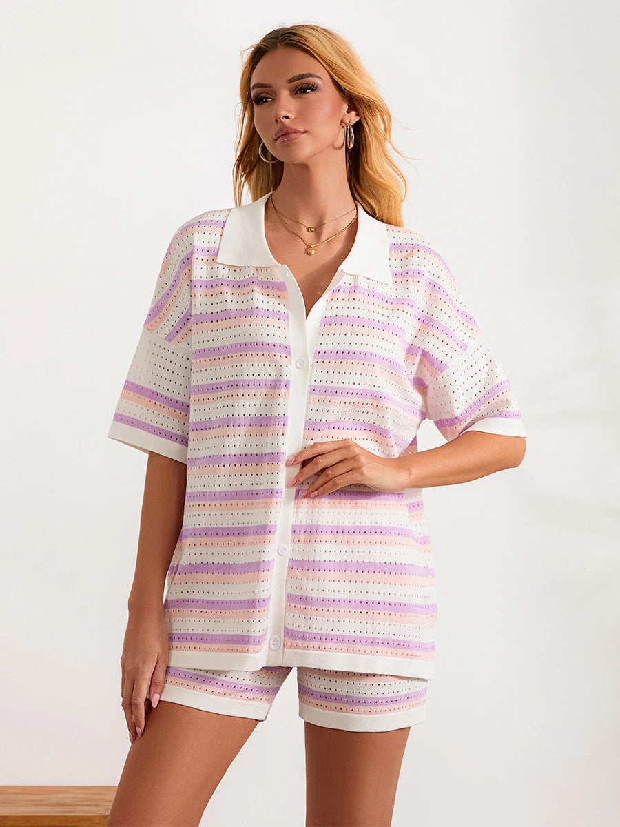 Women Pajamas Set 2 Pieces Loungewear Suits Summer Striped Contrast Color Button Crochet Knit Tops and Shorts Lounge Sets Beach