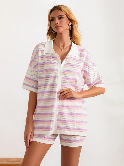 Women Pajamas Set 2 Pieces Loungewear Suits Summer Striped Contrast Color Button Crochet Knit Tops and Shorts Lounge Sets Beach