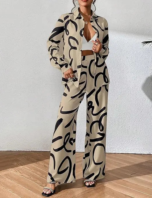 Women Clothing 2024 Autumn New Fashion Print Set Casual Button Collar Shirt Long Sleeved Wide Leg Pants Long Pants Two-piece Set