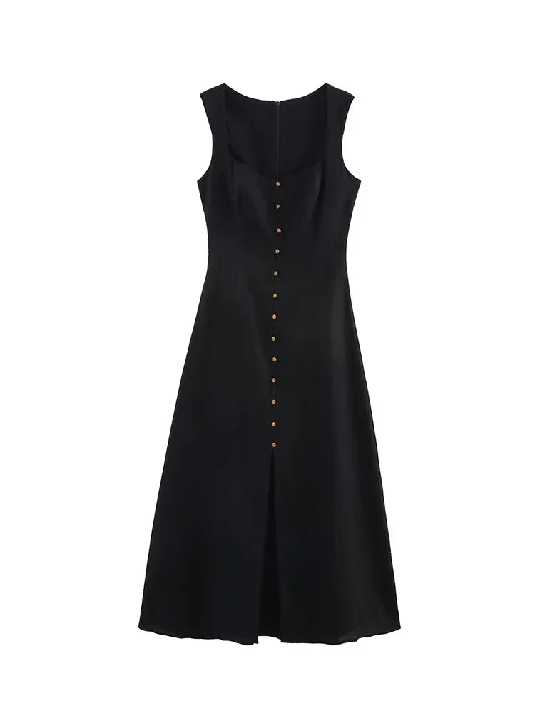 TFMLN Women's A-line Long Dress Elegant Square Neck Sleeveless Wide Sling Maxi Dresses 2025 Summer Lady Commute Button Dresses