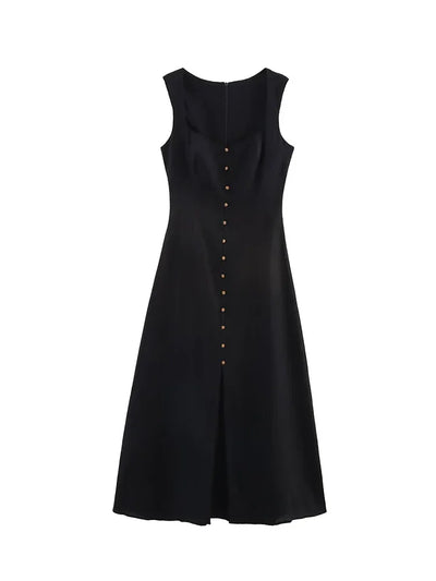 TFMLN Women's A-line Long Dress Elegant Square Neck Sleeveless Wide Sling Maxi Dresses 2025 Summer Lady Commute Button Dresses