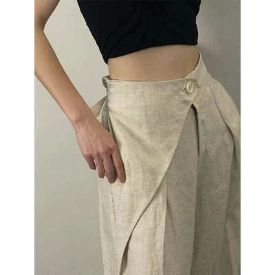Streetwear Wide Leg Pants Women Fashion Pleated Linen Baggy Pants Summer Korean High Waist Casual Design Straight Trousers New