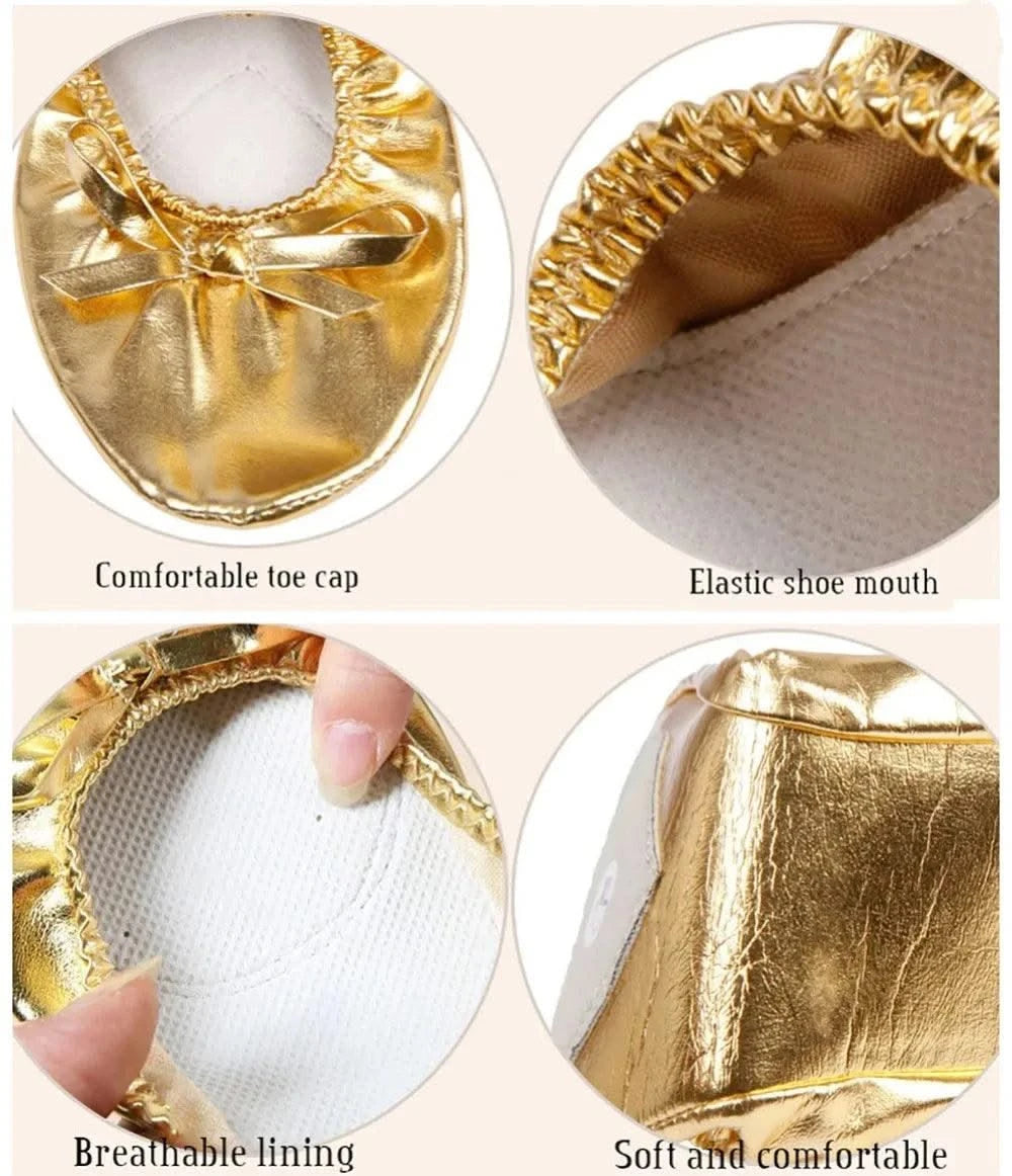 Professional Bowknot Belly Dancing Shoes Golden Foldable Indian Dance Shoes Leather Soft Ballerina Flats Children