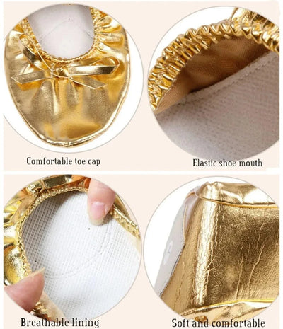 Professional Bowknot Belly Dancing Shoes Golden Foldable Indian Dance Shoes Leather Soft Ballerina Flats Children