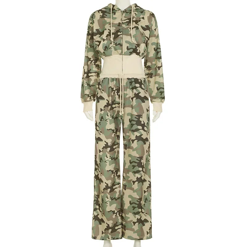 Camouflage Print Loose Casual 2 Piece Set Women Tracksuits Full Sleeve Zipper Hooded Sweatshirts Top + Wide Leg Pants Suits