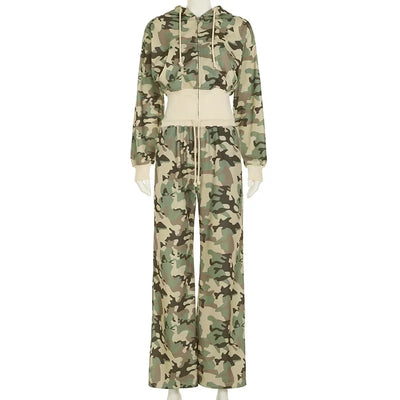 Camouflage Print Loose Casual 2 Piece Set Women Tracksuits Full Sleeve Zipper Hooded Sweatshirts Top + Wide Leg Pants Suits