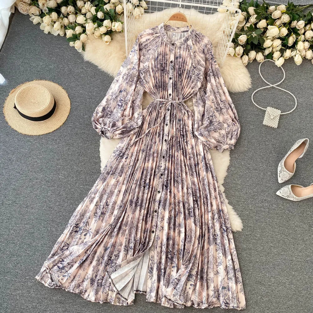 Retro Print Elegant Pleated Lace-up Chiffon Long Sleeve Dress A-line Blouse French Casual V-neck High Waist Women Summer Dresses