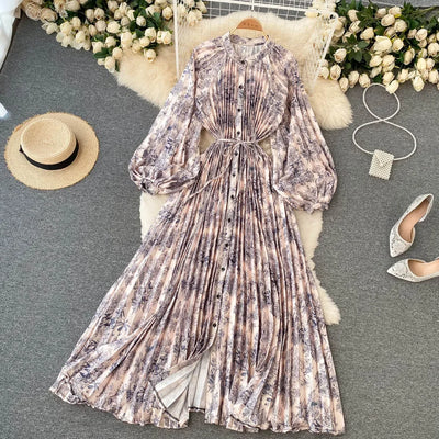 Retro Print Elegant Pleated Lace-up Chiffon Long Sleeve Dress A-line Blouse French Casual V-neck High Waist Women Summer Dresses