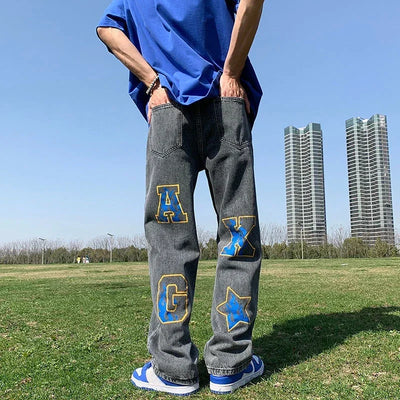 Men's Jeans Hip Hop Man Cowboy Pants Star Straight Graphic Trousers Korean Style 2024 Autumn Fashion Stylish Japanese Street Xs