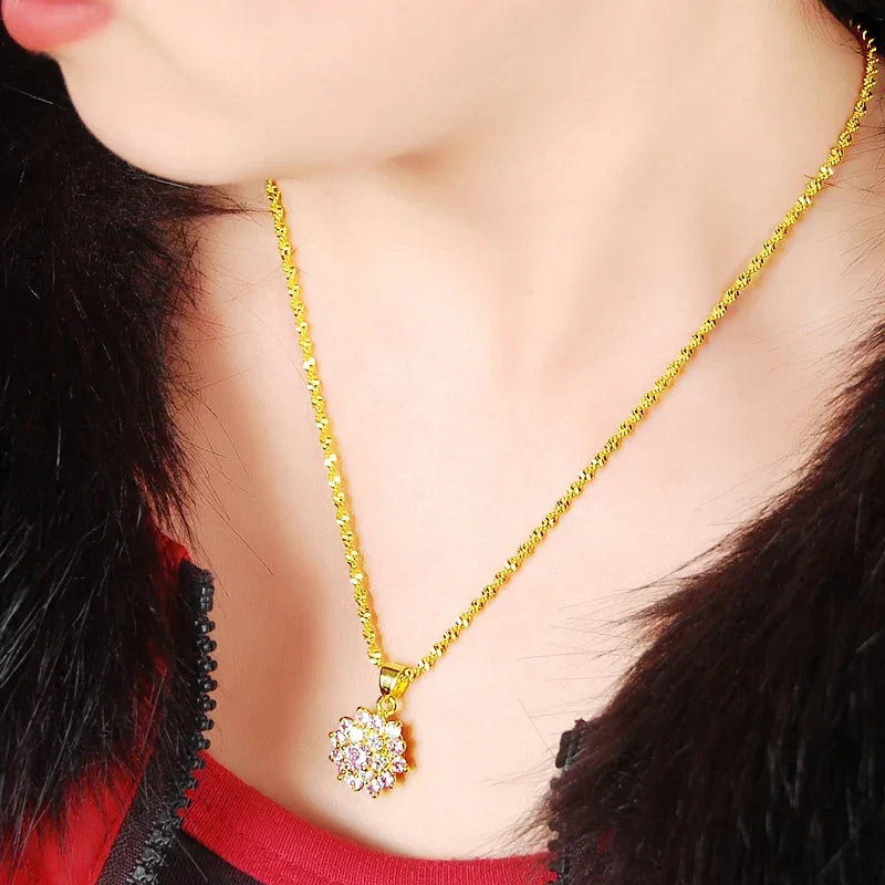 Luxury 24k Real Gold Necklace Electroplating Inlaid Zircon Powder Crystal Gold Necklace For Woman Charm Jewelry Gift