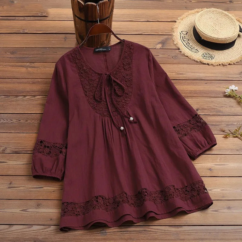 Fashion Women's Solid Lace Top Cotton Linen Casual Top Woman New Summer Blouse Three-Quarter Sleeve Loose Shirt & Blouse Women