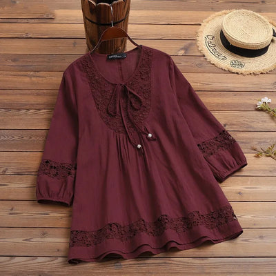 Fashion Women's Solid Lace Top Cotton Linen Casual Top Woman New Summer Blouse Three-Quarter Sleeve Loose Shirt & Blouse Women