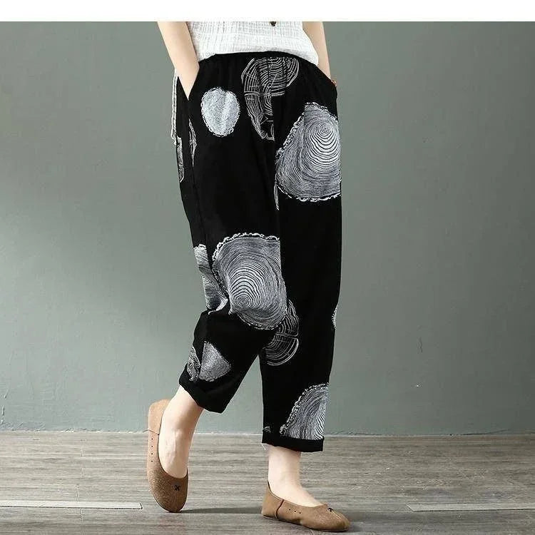 Casual Wide Leg Pants Women Summer Harem Pants for Women Retro Fashion Print Loose Cotton Linen Pants Printed Ankle-Length Pants
