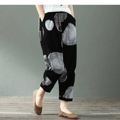 Casual Wide Leg Pants Women Summer Harem Pants for Women Retro Fashion Print Loose Cotton Linen Pants Printed Ankle-Length Pants