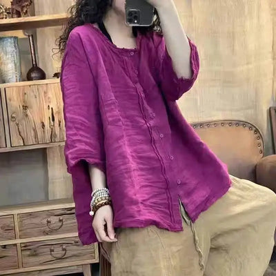 Literary Solid Cotton Linen Shirt 2025 Women Loose Casual Blouse Spring Summer Three Quarter Sleeve Raw Hem Hemp Top