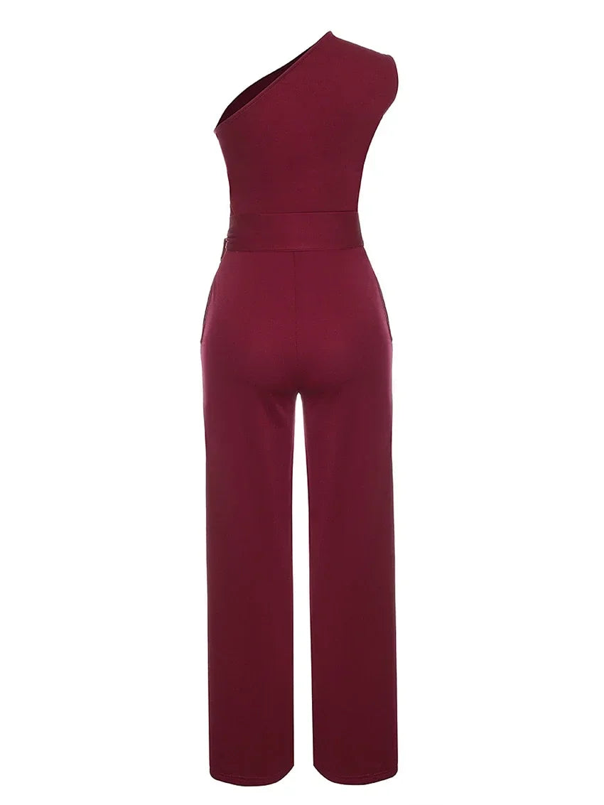 Women's Jumpsuit Solid Skew Collar Crop Top Straight Pants Belt Sexy Sleeveless Loose Pants Elegant Charming Playsuits 2024