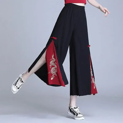 Fashion Women Trousers High Waist Wide Leg Pants Chiffon Slit Culottes Cheap Wholesale Elastic Waist Cropped Pants Free Shipping