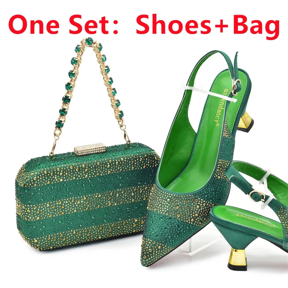 African Shoe and Bags Set for Wedding Women Shoes and Bags To Match Set with Rhinestone Italy Lady Pumps Women Shoes Luxury