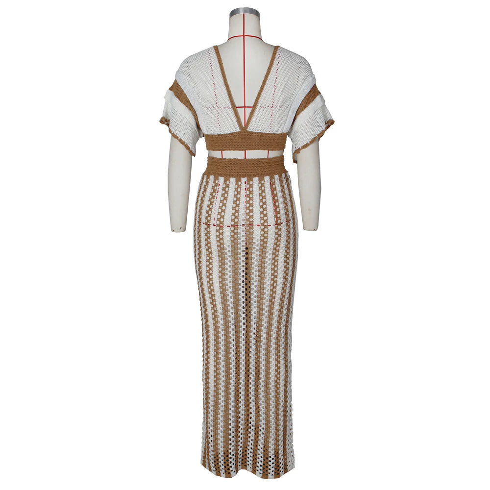 Summer 2 Pieces Women Vacation Outfits Striped Knitted Dress Sets Hollow Out Long Skirts and Short Sleeve V-Neck Crop Tops Set