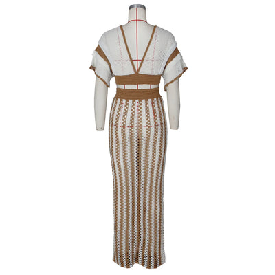 Summer 2 Pieces Women Vacation Outfits Striped Knitted Dress Sets Hollow Out Long Skirts and Short Sleeve V-Neck Crop Tops Set