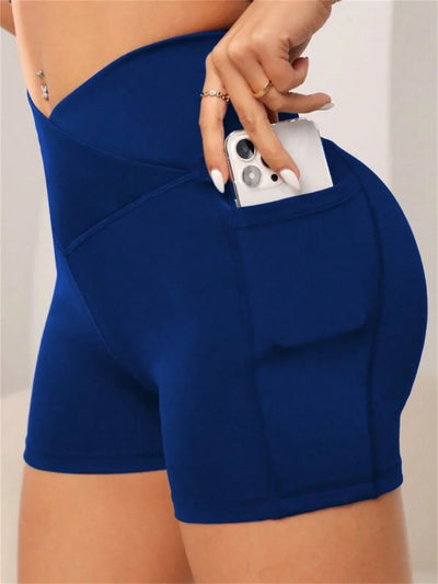 Women's High Cross Waist Biker Shorts Side Pockets Buttery Soft Comfy Criss Cross Running Yoga Athletic Short Pants