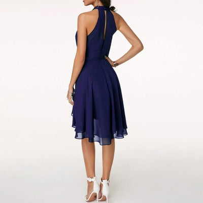 Women Elegant Dress Summer Solid High Waist Halter Sleeveless Midi Dresses Ladies Cropped Layered Chiffon Party Slim Dresses