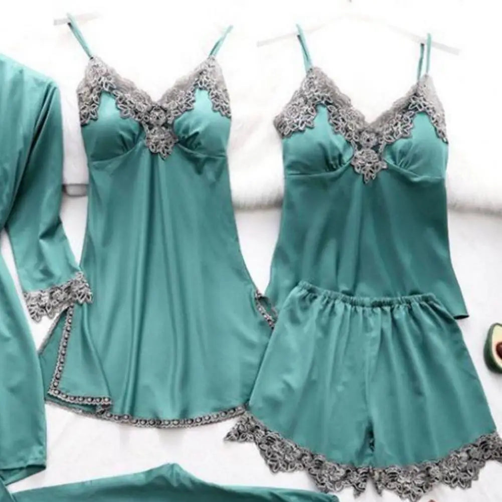 5-piece Loungewear Set Silky Satin Lace Patchwork Women's Pajamas Set with Top Shorts Pants Loose Lace-up Waist Homewear
