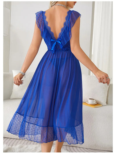 Women's Sexy Lingerie Nightgown Semi Sheer Babydoll Sleepwear Dress With Polka Dots Bow Knot Decor Summer Mesh V-Neck Loungewear