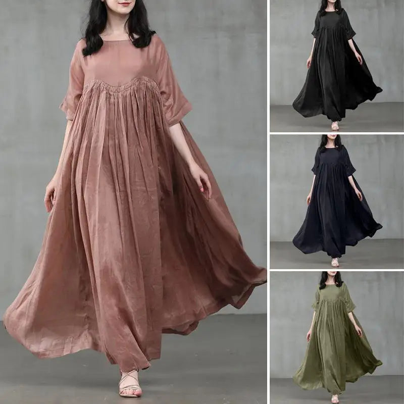 Summer Dresses Women 2023 Casual Fashion Solid Color Round Neck Pleated Cotton Linen Long Dress Elegant Dresses for Women Robe
