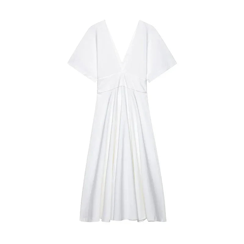 Women's Dress 2025 Summer Autumn New White Short Sleeve Buttons V Neck Midi Dress Casual Fashion Personality Versatile Vestidos