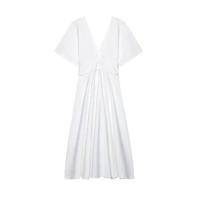 Women's Dress 2025 Summer Autumn New White Short Sleeve Buttons V Neck Midi Dress Casual Fashion Personality Versatile Vestidos
