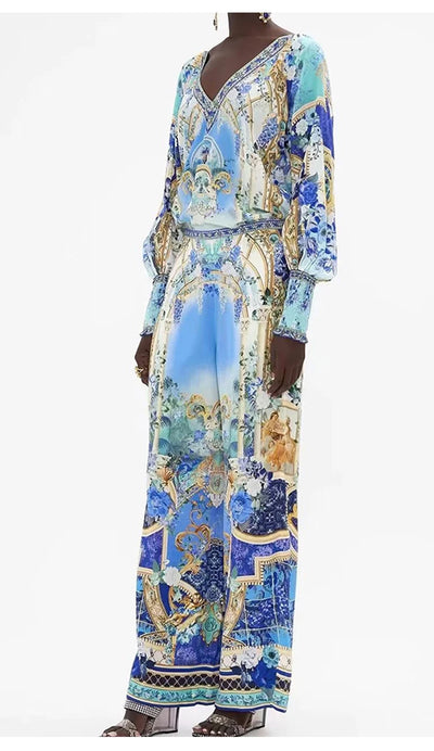 Retro women's V-neck beaded print long-sleeved Joker coat Spring and Autumn new two-piece suit+high-waist wide-leg trousers suit