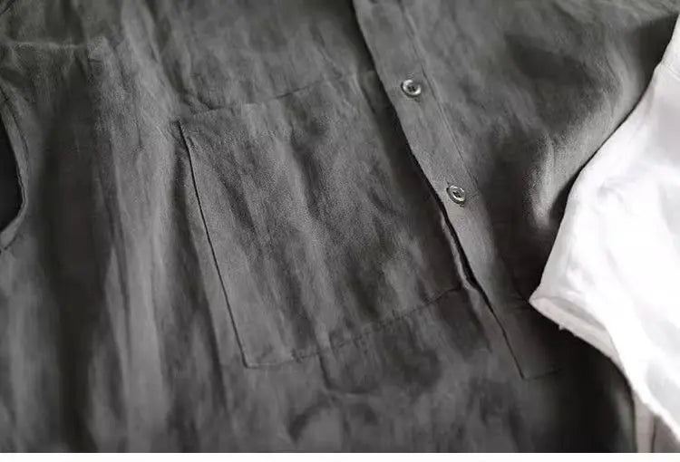 Artistic Style Cotton Linen Short Sleeves Shirt for Women Summer Solid Loose Stand Collar Temperament Top Fashion Women Clothing