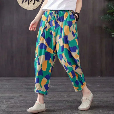 Casual Wide Leg Pants Women Summer Harem Pants for Women Retro Fashion Print Loose Cotton Linen Pants Printed Ankle-Length Pants