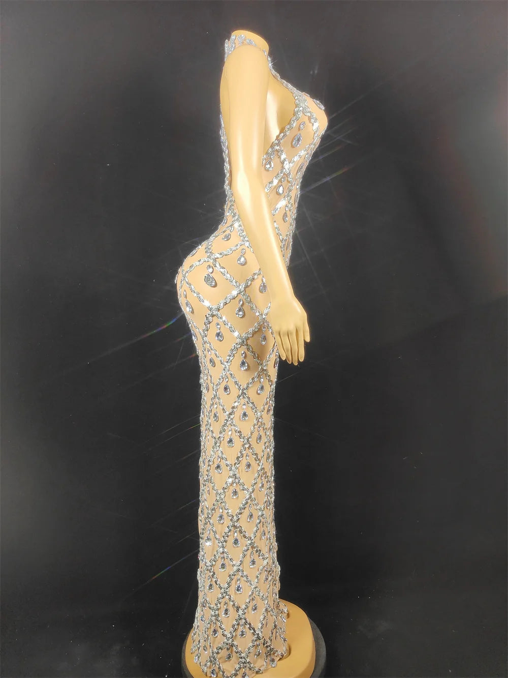 Women Sexy Stage Shining Rhinestone Sequins Dress Evening Prom Birthday Dress Transparent Performance Singer Club Host Dress