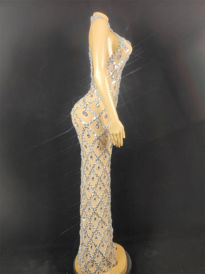 Women Sexy Stage Shining Rhinestone Sequins Dress Evening Prom Birthday Dress Transparent Performance Singer Club Host Dress