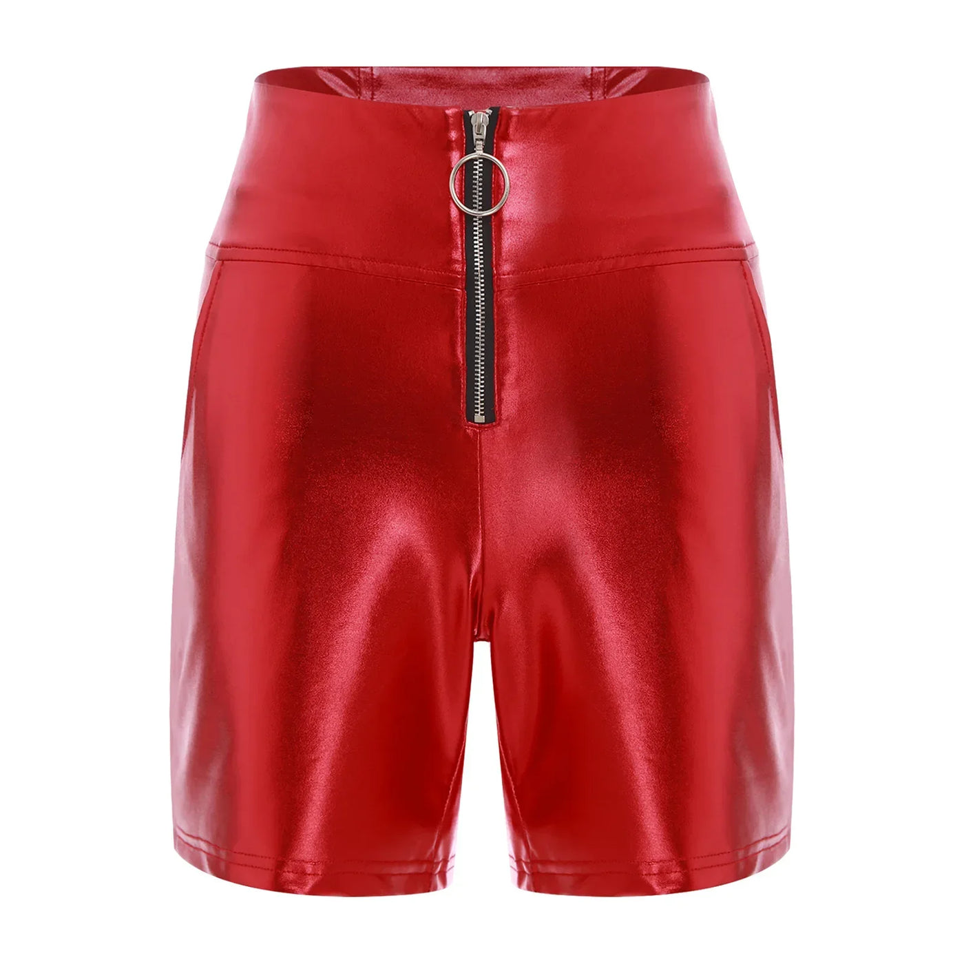 Womens Metallic Shiny Biker Tights Rave Shorts Music Festival Motor Riding Bottoms Front Zipper Pockets Bodycon Shorts Costumes