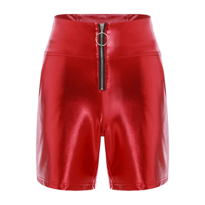 Womens Metallic Shiny Biker Tights Shorts High Waist Front Zipper Pockets Bodycon Short Leggings Motor Riding Dance Shorts