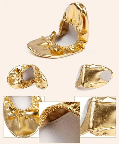 Professional Bowknot Belly Dancing Shoes Golden Foldable Indian Dance Shoes Leather Soft Ballerina Flats Children