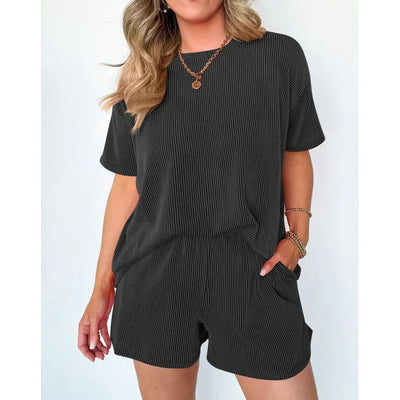 Women's clothing 2025 summer short-sleeved wavy crew neck top, elastic waist shorts two-piece set