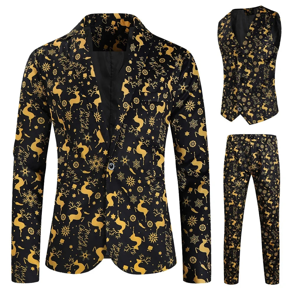 Men's Blazers Sets Rainbow Striped Print Blazers Jacket+Pants+Vest Man three Pieces Sets Prom Party Stage Singer Dancer Costumes