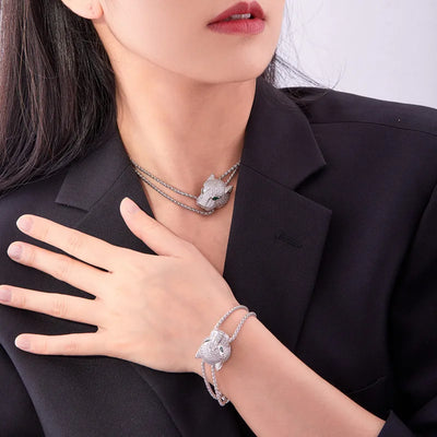 Designer Collection Fashion Luxurious Bracelet Long Necklace Men Women Lady Inlay Full Zircon Leopard Head Pendant Double Chain