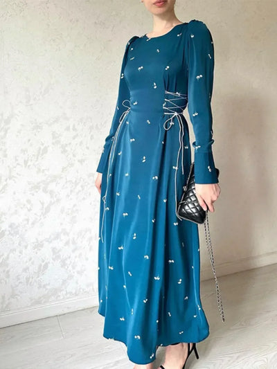 Elegant Dresses for Women 2025 Spring Summer New Long Sleeve O Neck Dress Fashionable Slim Fit Lace Up Lower Back Evening Dress